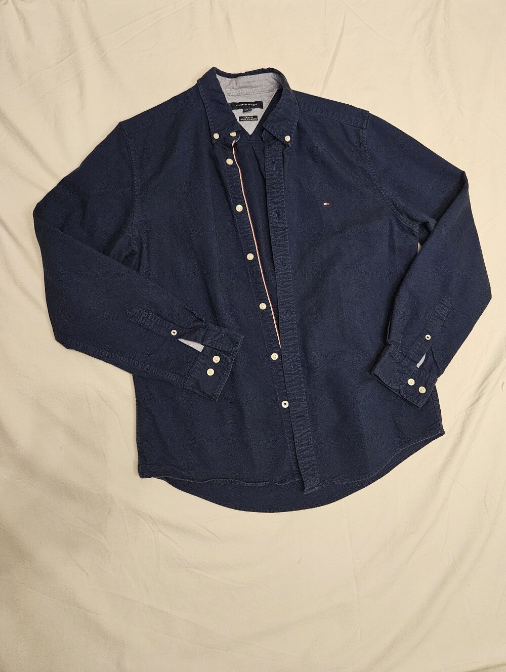 Tommy Hilfiger Men's Dark Blue Button-Down Shirt with Subtle Logo